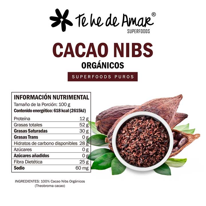 Alimento de los Dioses!! El cacao es un excelente antioxidante y antidepresivo!! CACAO NIBS ORGÁNICOS Te he de Amar® Es un súper alimento que contiene grandes cantidades de antioxidantes y aporta vitaminas del grupo B, vitamina A y vitamina E; es fuente de potasio, fósforo, hierro, sodio, magnesio, calcio, cobre, manganeso, zinc y selenio.