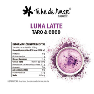 LUNA LATTE TEHEDEAMAR TARO Y COCO ES UN SUPERFOOD EN POLVO PARA PREPARAR BEBIDAS SABORIZADAS RICAS Y SALUDABLES. ES 100% NATURAL Y ORGÁNICO.