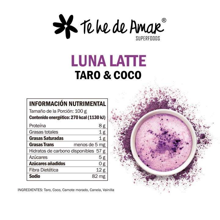LUNA LATTE TEHEDEAMAR TARO Y COCO ES UN SUPERFOOD EN POLVO PARA PREPARAR BEBIDAS SABORIZADAS RICAS Y SALUDABLES. ES 100% NATURAL Y ORGÁNICO.
