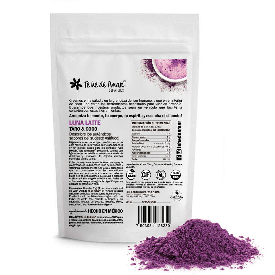 LUNA LATTE TEHEDEAMAR TARO Y COCO ES UN SUPERFOOD EN POLVO PARA PREPARAR BEBIDAS SABORIZADAS RICAS Y SALUDABLES. ES 100% NATURAL Y ORGÁNICO.