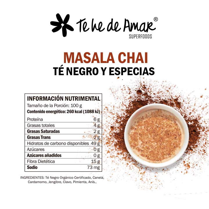 MASALA CHAI TÉ NEGRO Y ESPECIAS TEHEDEAMAR ES UNA MEZCLA DE ESPECIAS CON SABORES INTENSOS PARA PREPARAR BEBIDAS DELICIOSAS Y CON MUCHOS NUTRIENTES