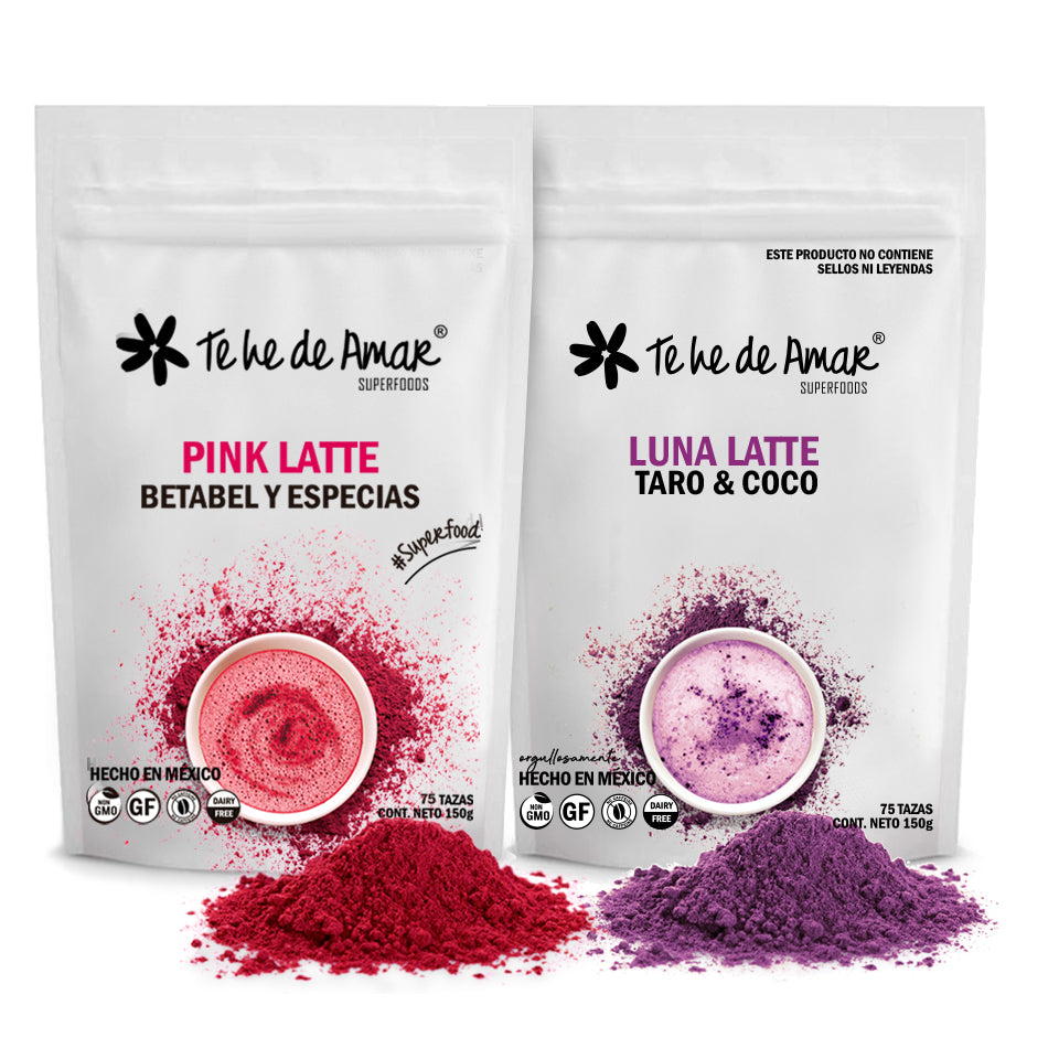 PINK LATTE BETABEL Y ESPECIAS, Y LUNA LATTE TARO Y COCO TE HE DE AMAR SON MEZCLAS EN POLVO DE SPERFOODS DELICIOSOS Y SALUDABLES EN PROMOCIÓN