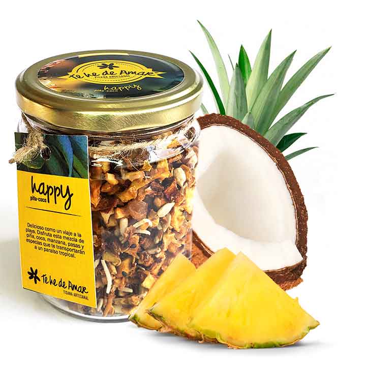 HAPPY PIÑA COCO Disfruta esta mezcla de piña, coco natural, pasas y especias que te transportarán a un paraíso tropical. Delicioso como un viaje a la playa!! INGREDIENTES: Piña, coco, manzana, pasas gold, ajonjolí negro y semillas de girasol.
