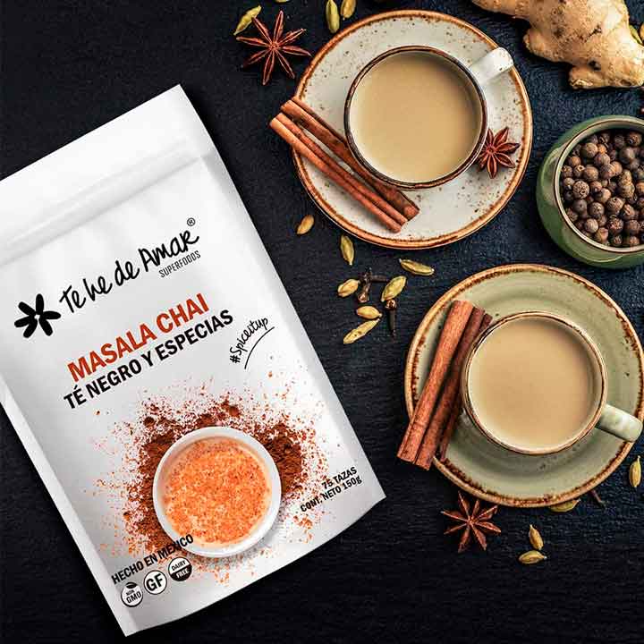 MASALA CHAI TÉ NEGRO Y ESPECIAS TEHEDEAMAR ES UNA MEZCLA DE ESPECIAS CON SABORES INTENSOS  PARA PREPARAR BEBIDAS DELICIOSAS Y CON MUCHOS NUTRIENTES