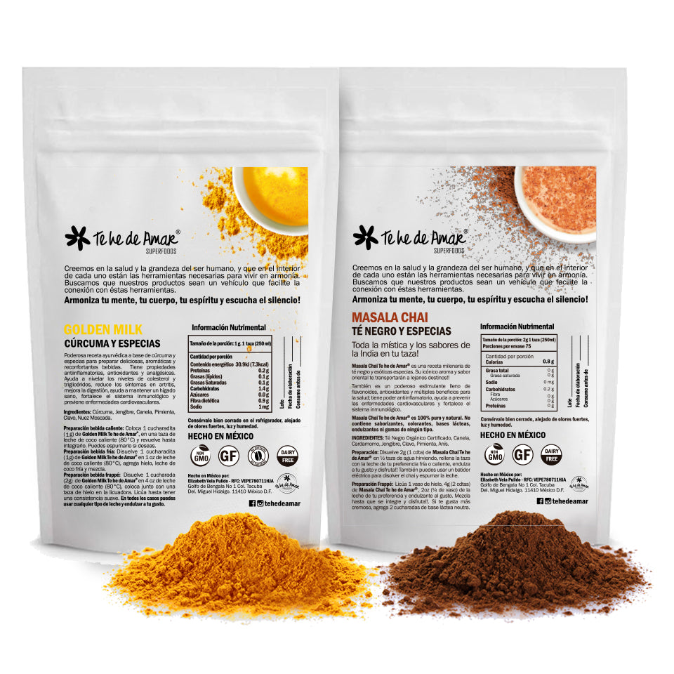 GOLDEN MILK Y MASALA CHAI SON SABORES INTENSOS DE LA AYÚRVEDA PARA PREPARAR BEBIDAS LATTES
