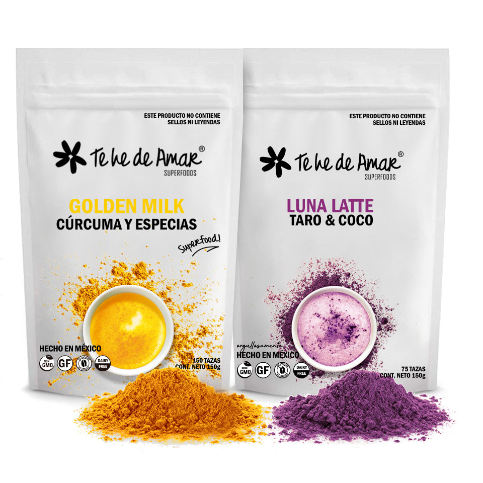 GOLDEN MILK CÚRCUMA Y ESPECIAS Y LUNA LATTE TAROY COCO PARA PREAPRAR BEBIDAS LATTES SALUDABLES