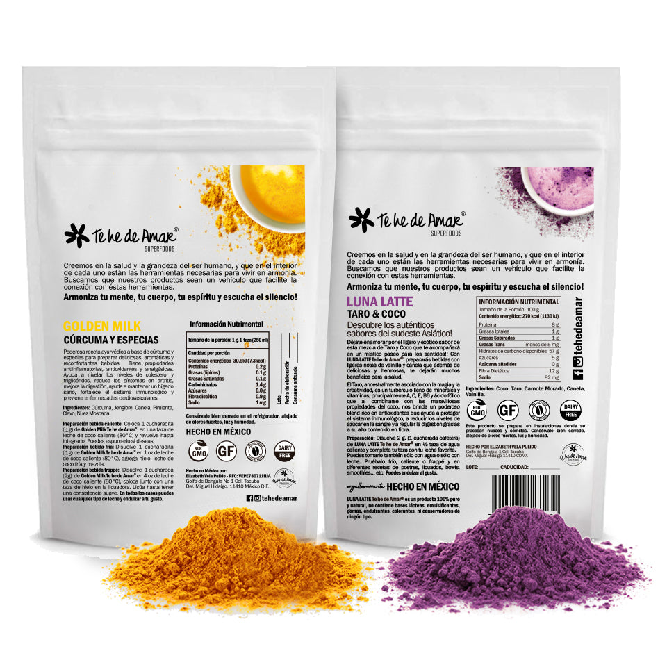 GOLDEN MILK CÚRCUMA Y ESPECIAS Y LUNA LATTE TAROY COCO PARA PREAPRAR BEBIDAS LATTES SALUDABLES