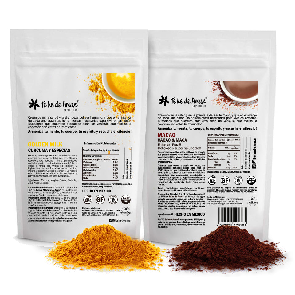 GOLDEN MILK CURCUMA Y ESPECIAS MACAO CACAO Y MACA TE HE DE AMAR HACES DELICIOSAS BEBIDAS LATTES SALUDABLES SIN AZÚCAR