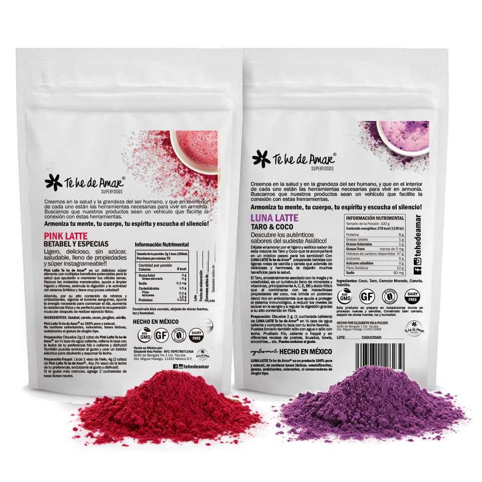 PINK LATTE BETABEL Y ESPECIAS, Y LUNA LATTE TARO Y COCO TE HE DE AMAR SON MEZCLAS EN POLVO DE SPERFOODS DELICIOSOS Y SALUDABLES EN PROMOCIÓN